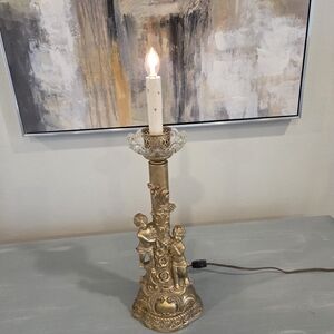 Vintage Ornate Cherub Electric Candle Table Top Lamp Works Gold Glass Baroque